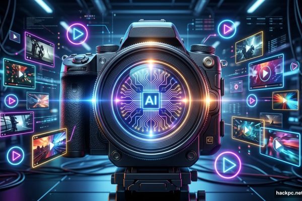 Glowing futuristic camera lens with AI circuits and floating play buttons.