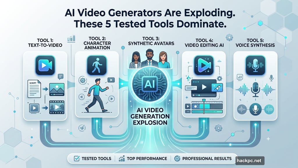 Modern minimalist illustration 3 for: AI Video Generators Are Exploding. These 5 Tested Tools Dominate