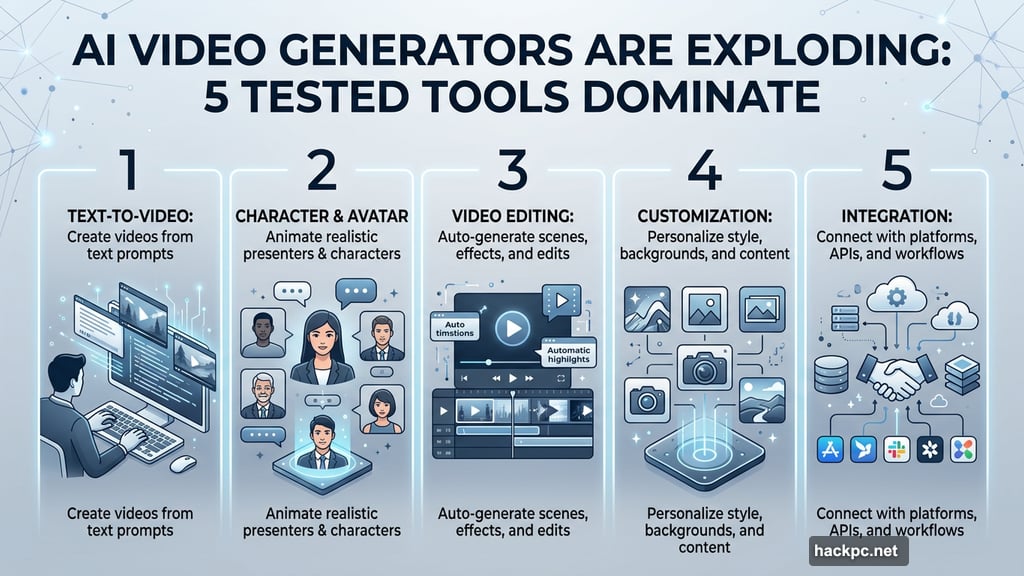Modern minimalist illustration 5 for: AI Video Generators Are Exploding. These 5 Tested Tools Dominate