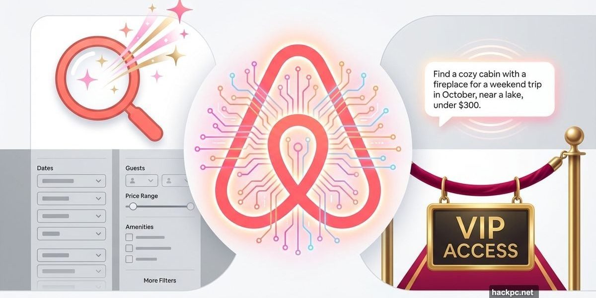 Airbnb logo with AI circuits and VIP rope showing limited access