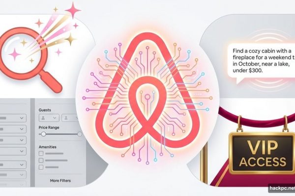Airbnb logo with AI circuits and VIP rope showing limited access
