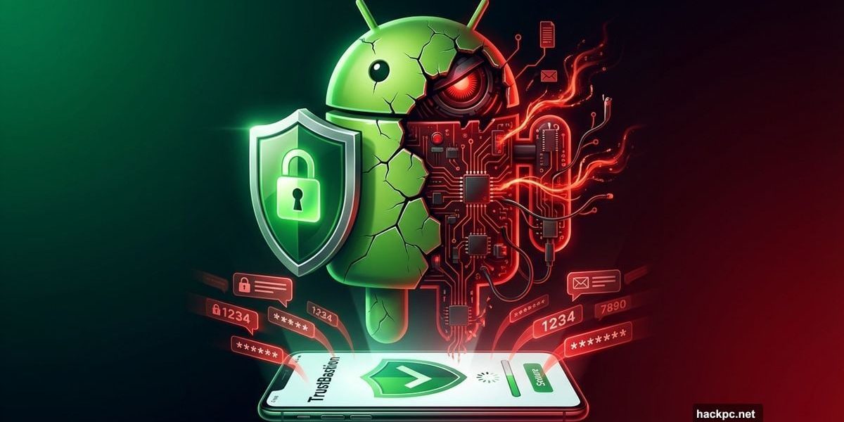 Android robot disguised as security shield revealing hidden spyware stealing data