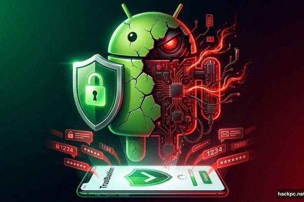 Android robot disguised as security shield revealing hidden spyware stealing data