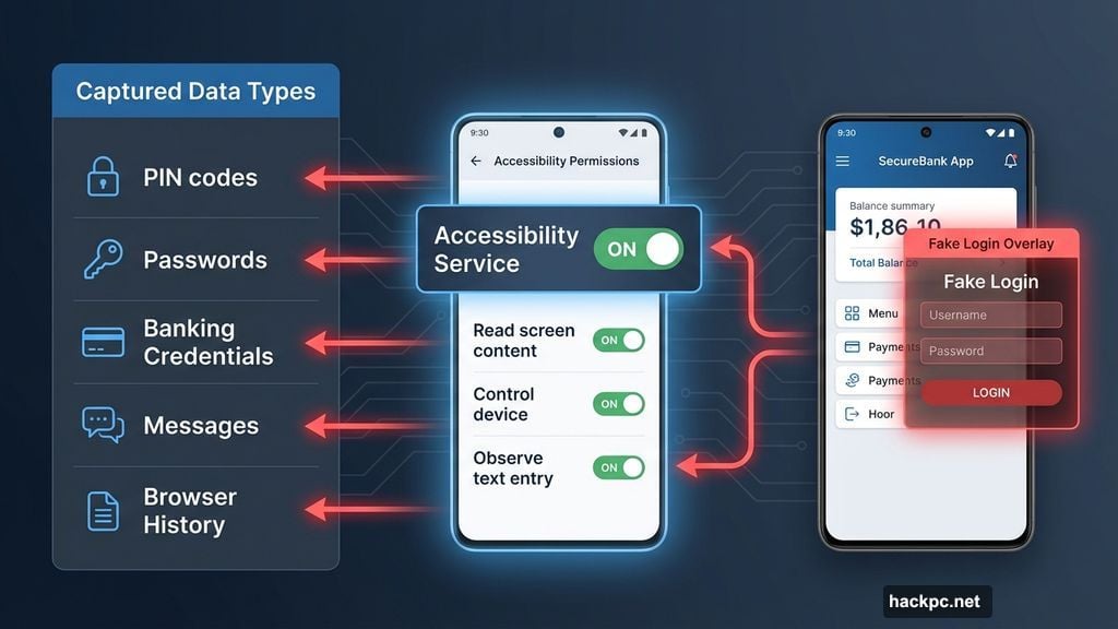 Accessibility permissions capture passwords and display fake login screens