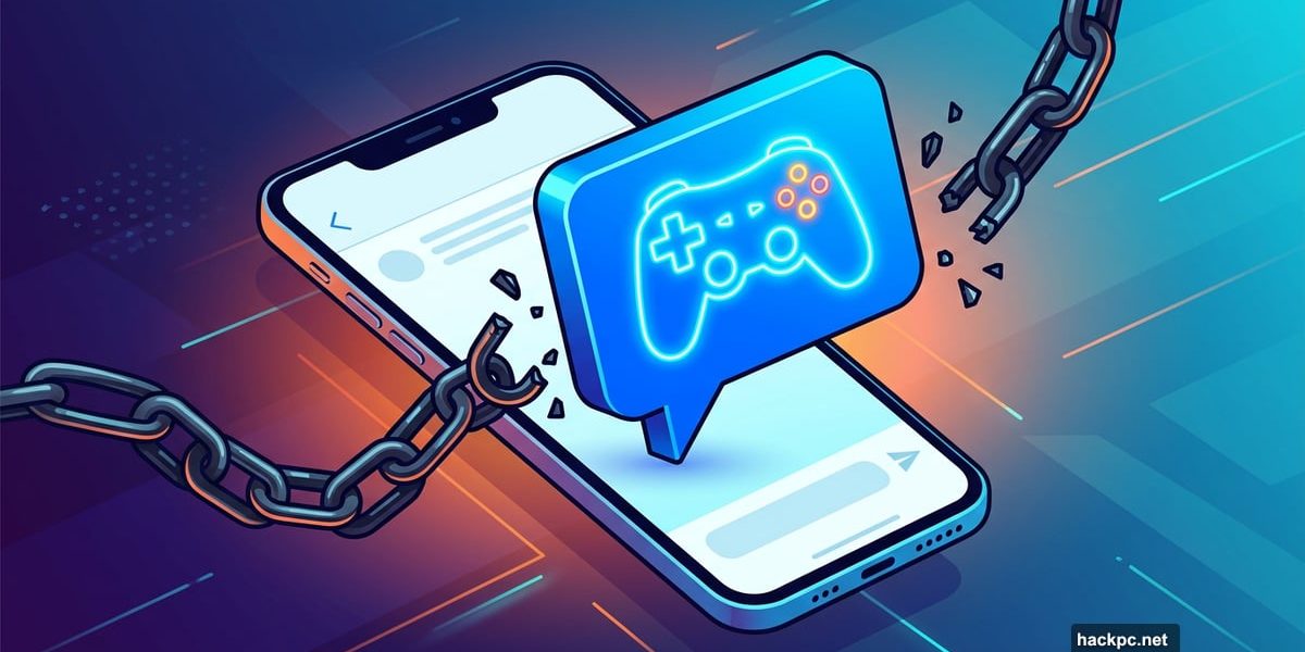 A glowing game controller inside a text message bubble breaking chains.