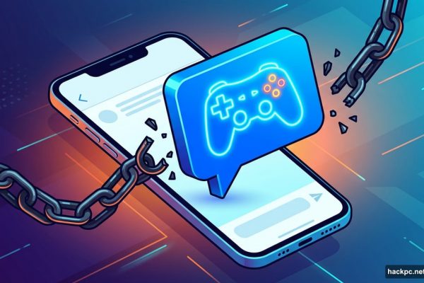 A glowing game controller inside a text message bubble breaking chains.