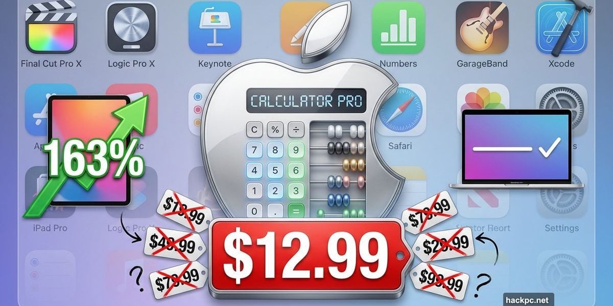 Apple logo with calculator and confusing price tags showing subscription cost disparity