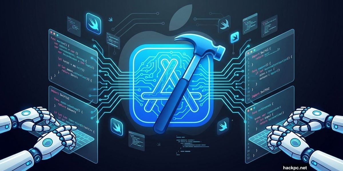 Xcode hammer icon with AI neural networks and robotic coding arms