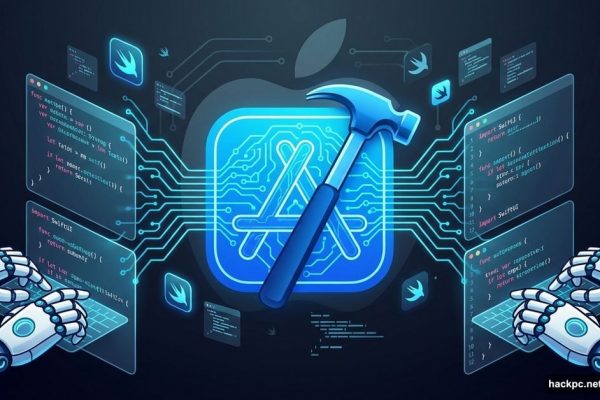 Xcode hammer icon with AI neural networks and robotic coding arms