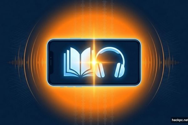 Smartphone merging open book and headphones icons with glowing sync beam