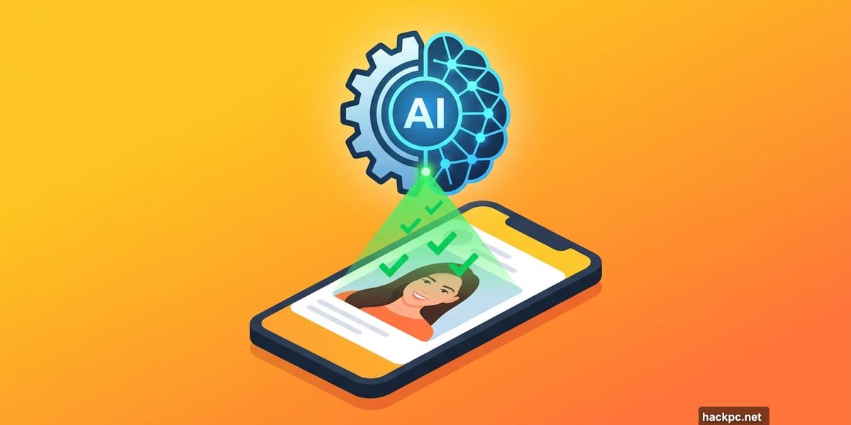 A glowing AI brain scanning and improving a dating app profile photo.