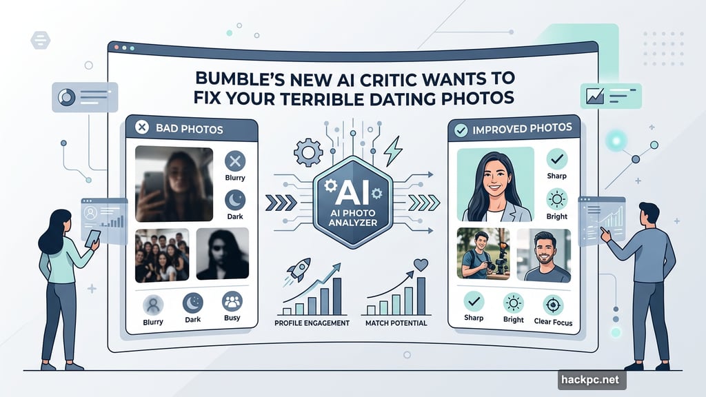 Modern minimalist illustration 1 for: Bumble's New AI Critic Wants to Fix Your Terrible Dating Photos