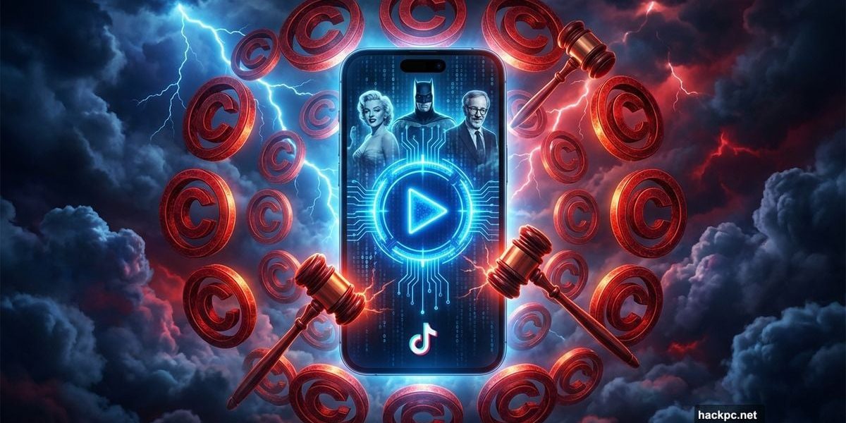 Smartphone with AI video tool surrounded by copyright symbols and legal threats