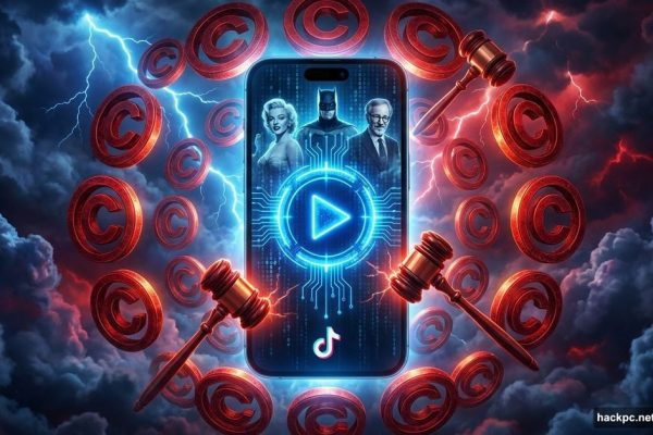 Smartphone with AI video tool surrounded by copyright symbols and legal threats