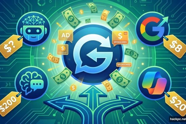 ChatGPT logo with ads and price tags surrounded by competing AI chatbot options