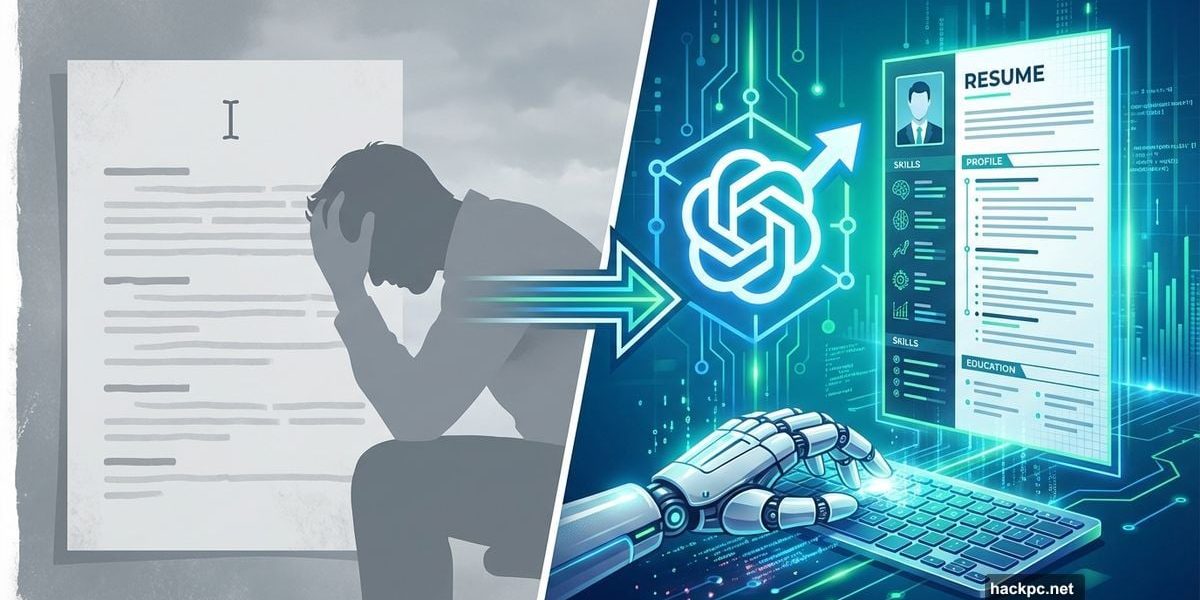 ChatGPT AI transforming blank frustrating resume into polished professional document