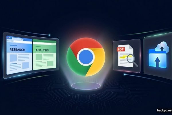 Chrome browser logo surrounded by split screen, PDF, and Drive icons
