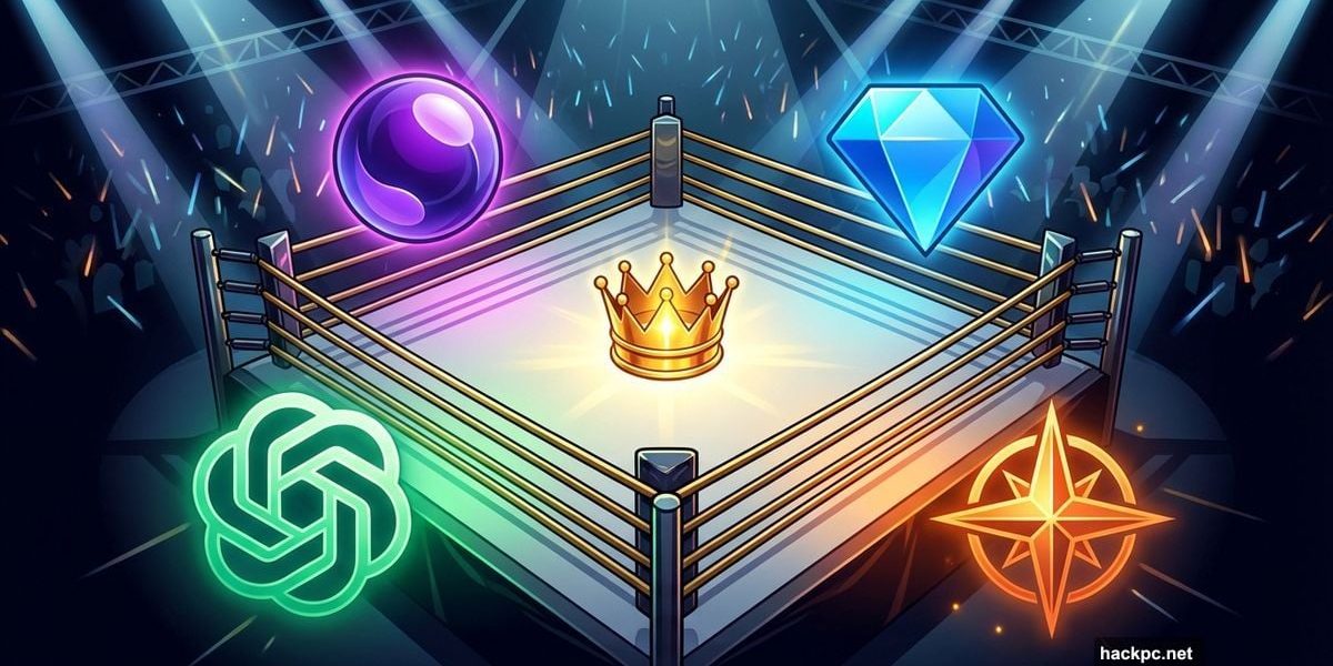 Four AI chatbot logos compete in a boxing ring for championship crown