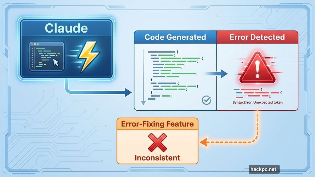 Claude vibe coding is fast but error-fixing feature fails noticeably