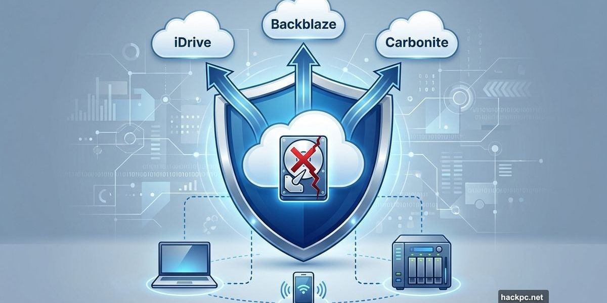 Large protective shield with cloud and failing hard drive representing cloud backup services