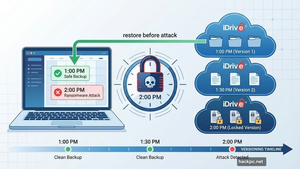 Real backup uses versioning to restore files before ransomware strikes