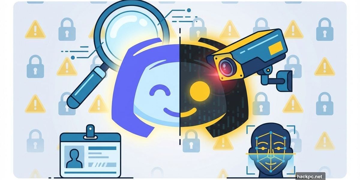 Discord logo split between friendly interface and surveillance with ID and facial scanning icons