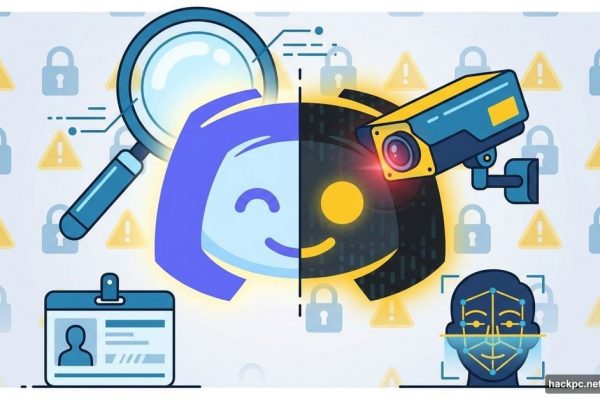 Discord logo split between friendly interface and surveillance with ID and facial scanning icons