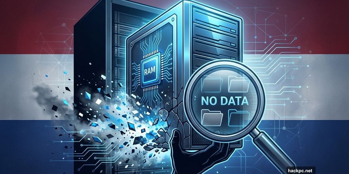 Server being seized dissolves into particles showing RAM-only data erasure