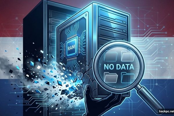 Server being seized dissolves into particles showing RAM-only data erasure