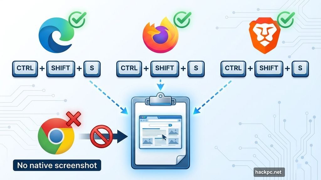 Edge Firefox and Brave support screenshot shortcuts but Chrome doesn't