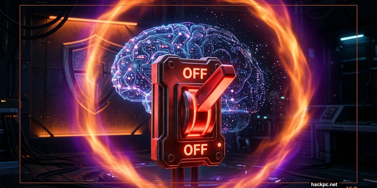 A glowing red kill switch shutting down an AI brain inside Firefox.