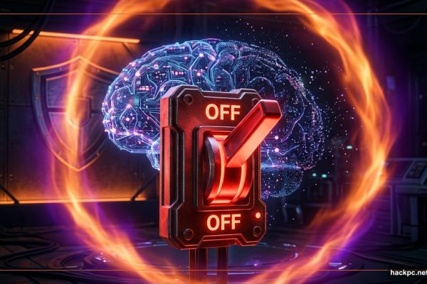 A glowing red kill switch shutting down an AI brain inside Firefox.