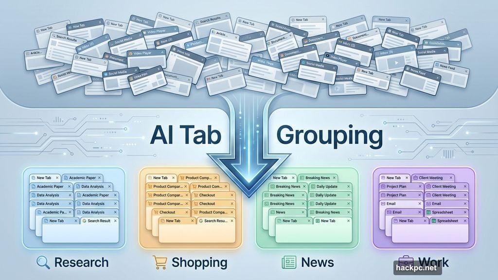 AI-powered tab grouping suggestions for organization and chaos