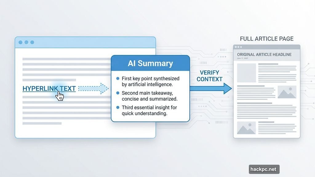 Auto-generated link preview summaries hover over links without clicking