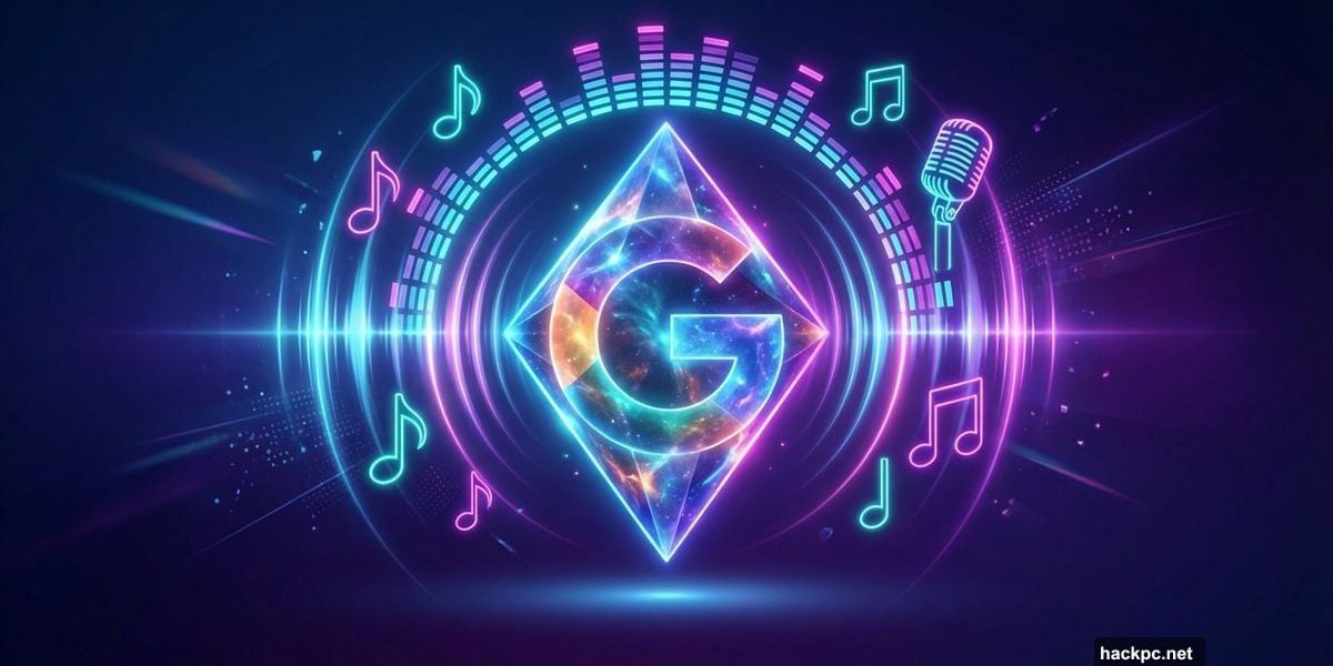 Gemini logo radiating musical sound waves and floating notes