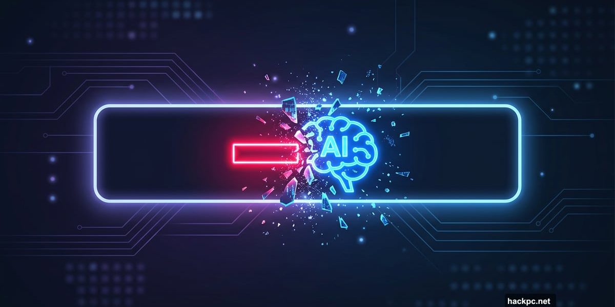 Red minus sign inside a search bar shattering a robotic AI brain.