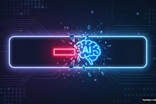 Red minus sign inside a search bar shattering a robotic AI brain.