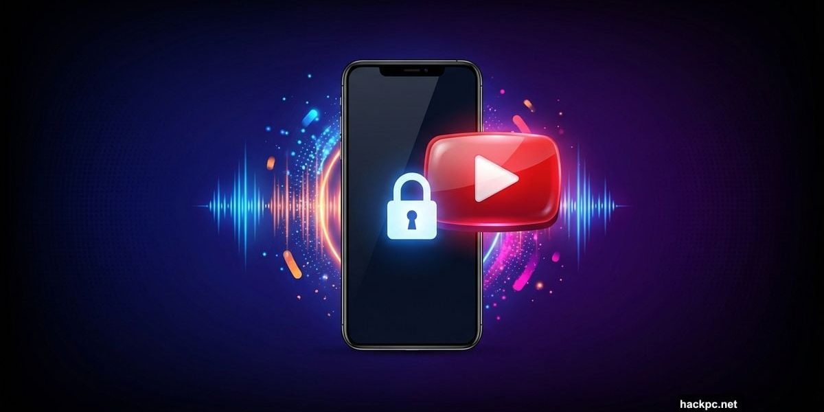 Smartphone with locked screen and glowing red play button symbolizing background playback.