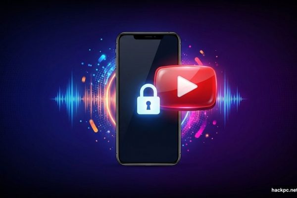Smartphone with locked screen and glowing red play button symbolizing background playback.