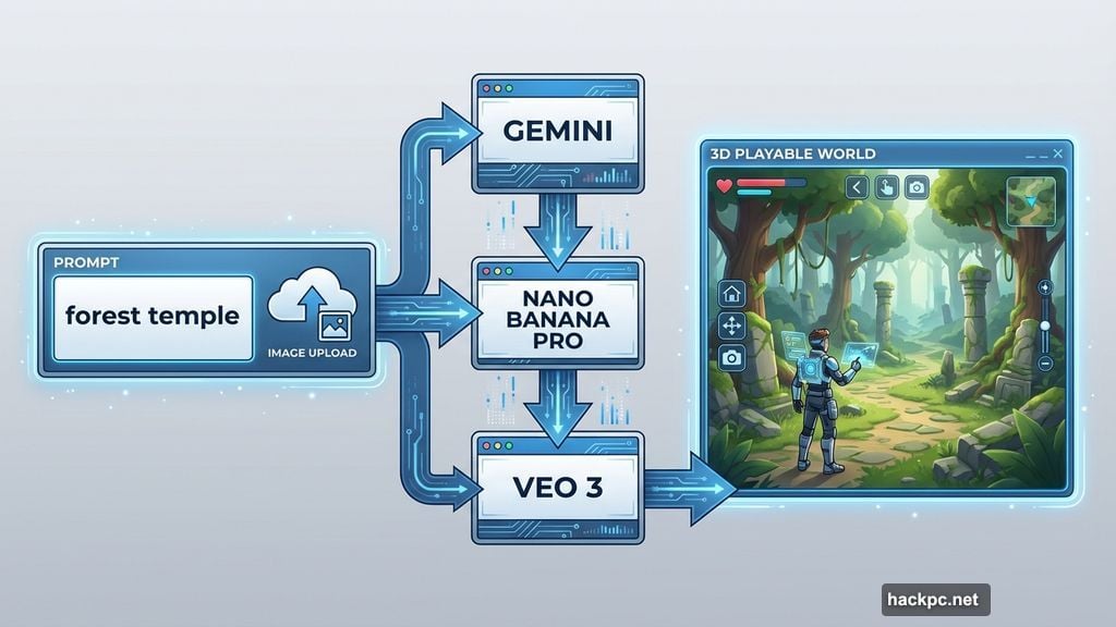 Gemini, Nano Banana Pro, and Veo 3 generate playable worlds