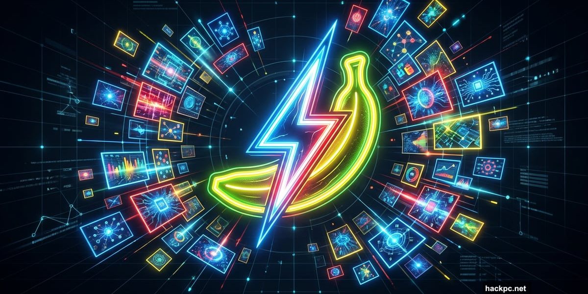 Glowing neon banana and lightning bolt surrounded by flying digital picture frames.