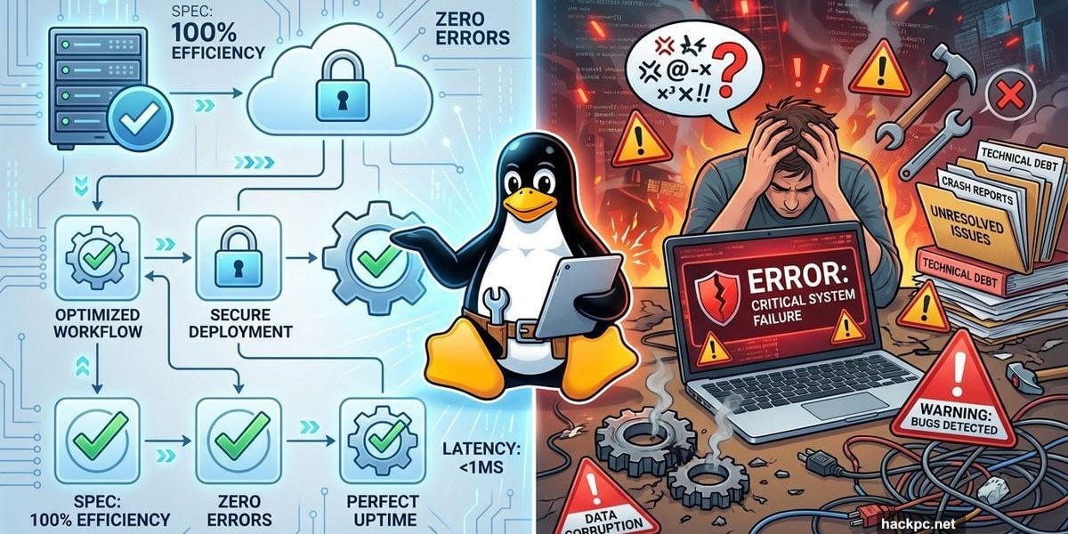 Linux penguin between perfect blueprint and frustrated reality with errors