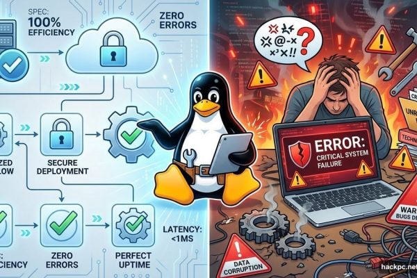 Linux penguin between perfect blueprint and frustrated reality with errors