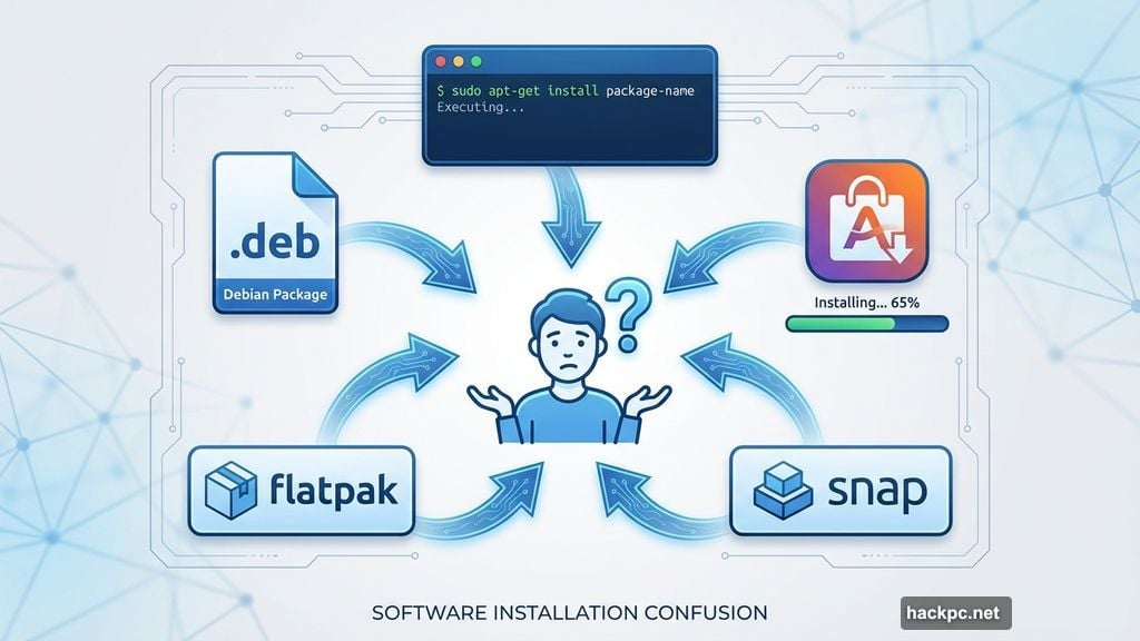 App Center, snap packages, deb files, and flatpaks installation confusion