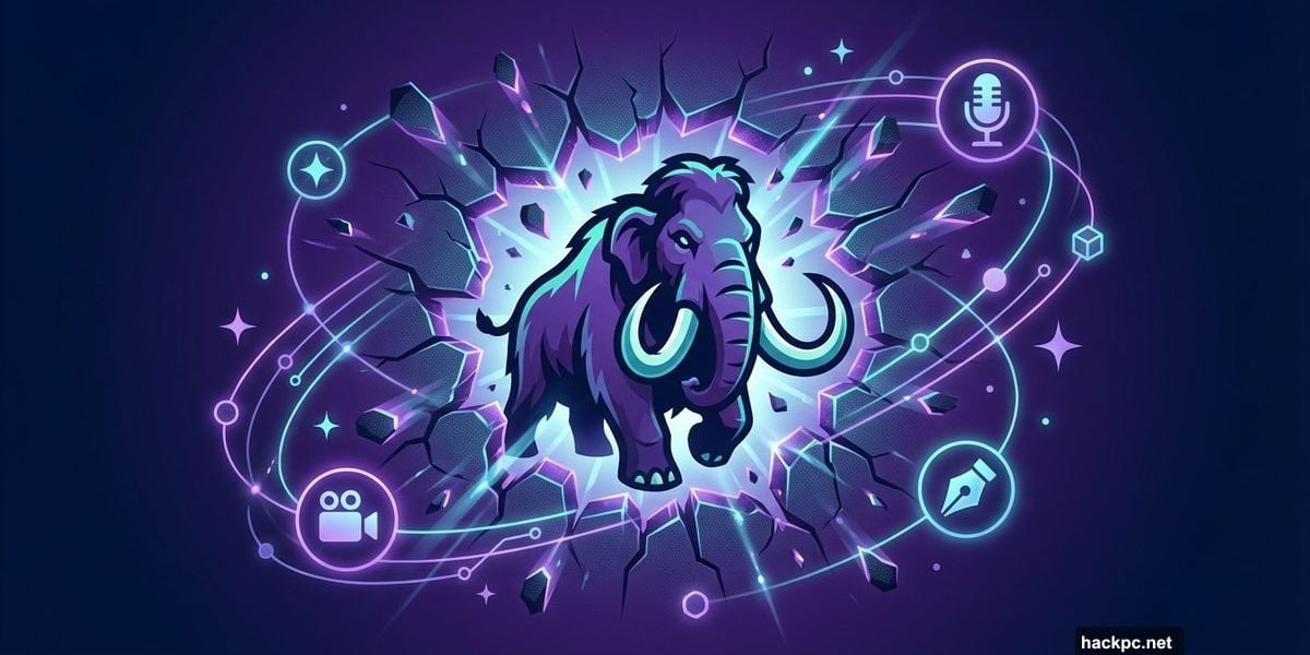 Mastodon mammoth breaking through barriers surrounded by creator icons