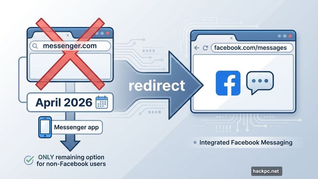 messenger.com closing redirects users to facebook.com/messages in April 2026