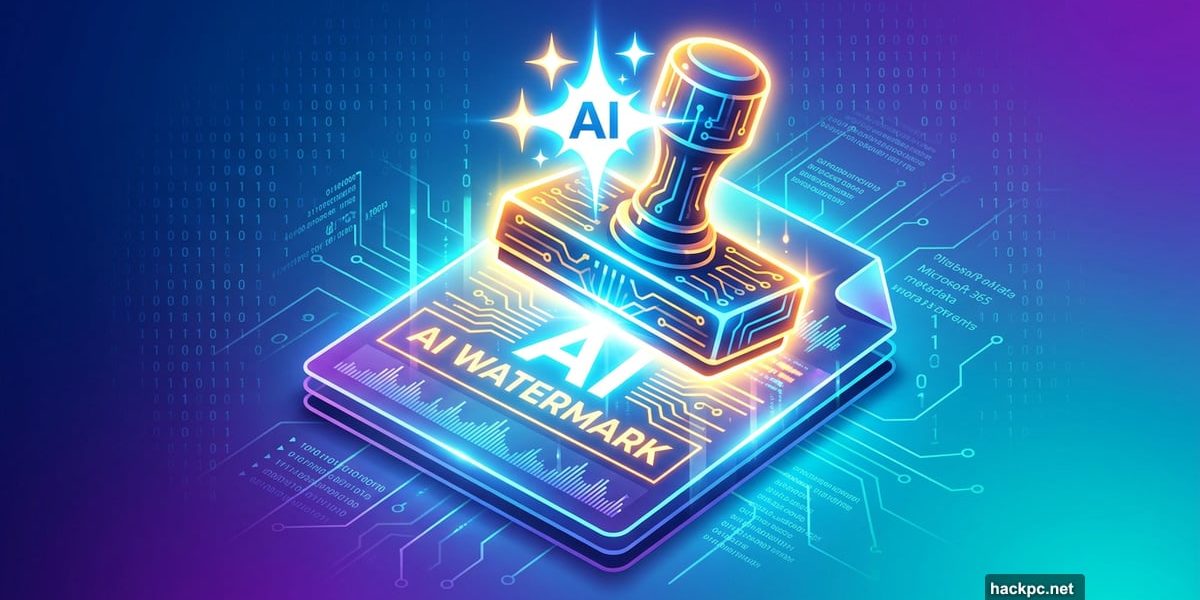 Glowing digital AI watermark stamp on a Microsoft 365 media file.