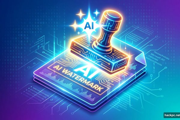 Glowing digital AI watermark stamp on a Microsoft 365 media file.