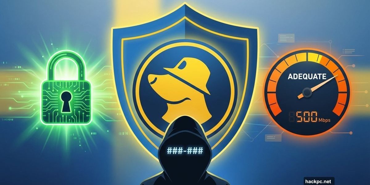 Mullvad VPN shield with strong privacy lock and moderate speed gauge