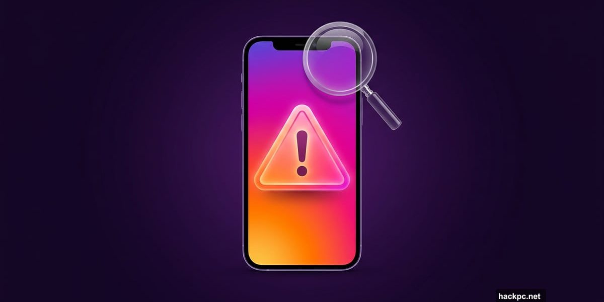 Smartphone with Instagram gradient screen showing a prominent glowing warning alert.